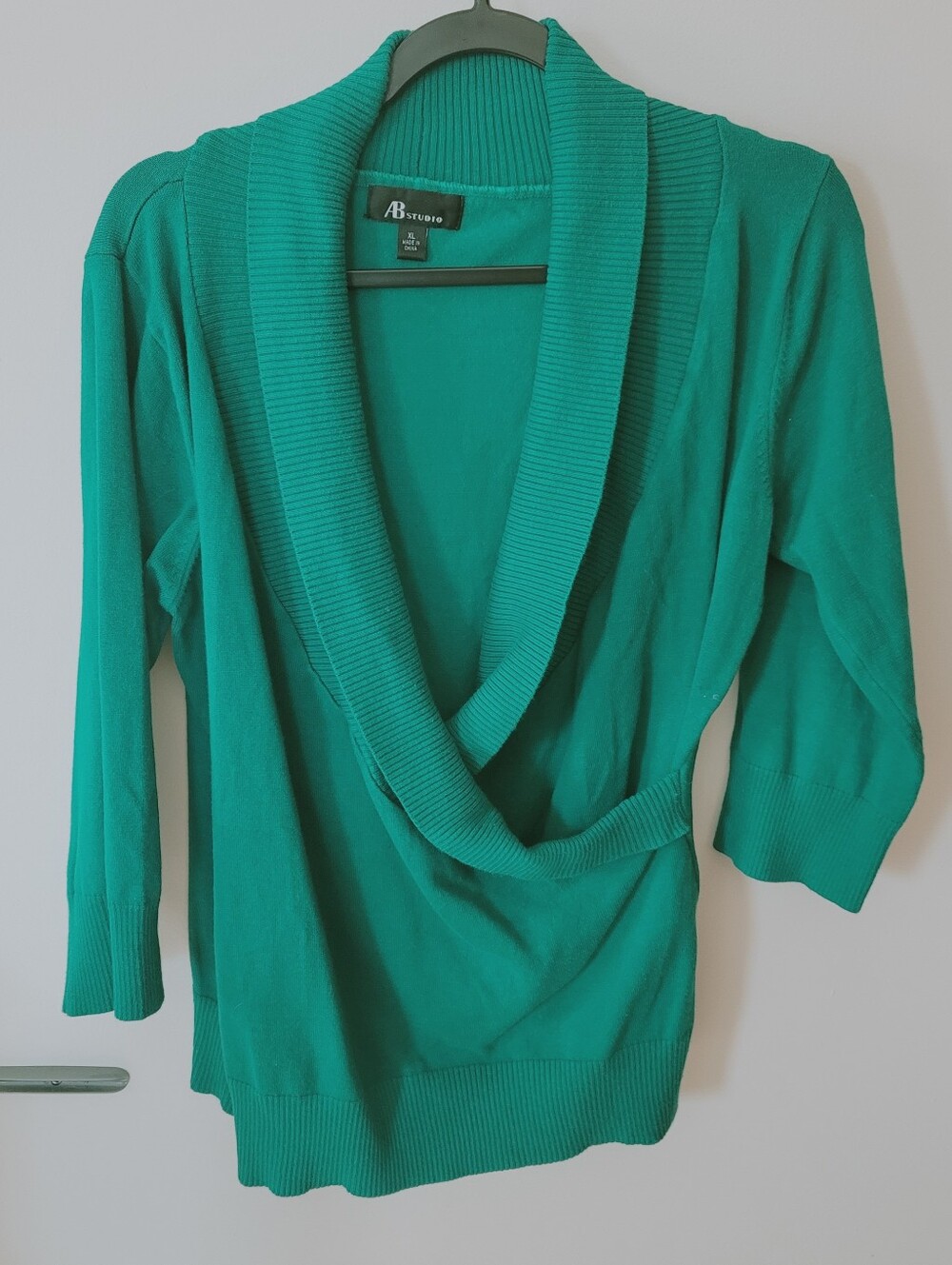 AB Studio Green Shawl Collar Knit Sweater